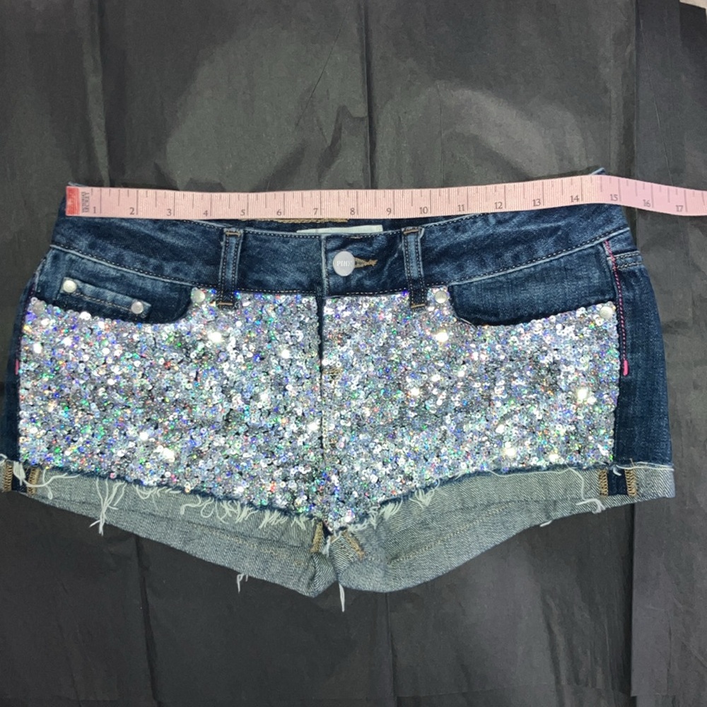 Victoria’s Secret Pink Denim Rainbow Silver Sequin Dark Blue Jean Shorts 0 RARE - Picture 8 of 8